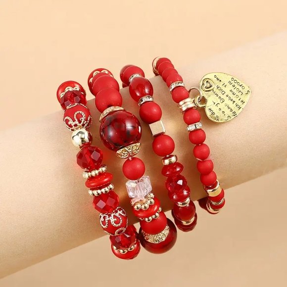New 4pc Red Stone Boho Bracelet Set - Picture 7 of 17